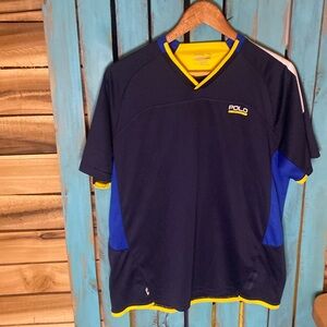 Polo Sport polyester color block short sleeve shirt size large navy yellow white
